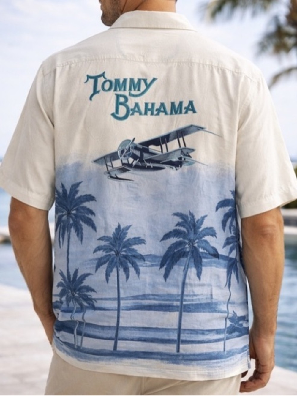 Tommy Bahama 100% Silk Hawaiian Shirt XL Blue Palm Seaplane Embroidered